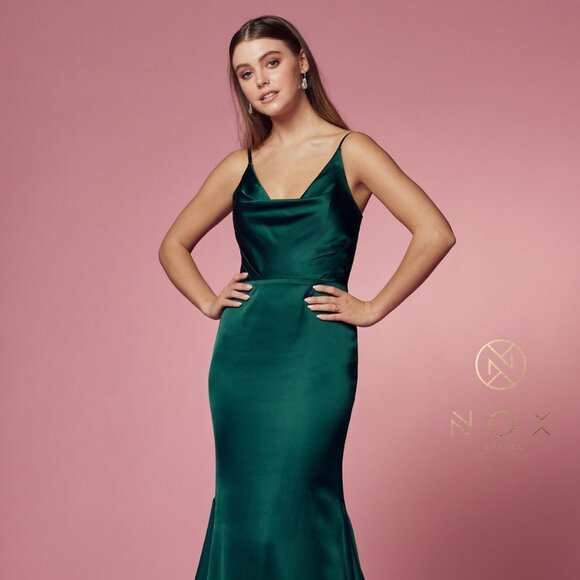 NEW EMERALD LONG SATIN MERMAID OFF THE SHOULDER DRESS WITH ZIPPER BACK NXR1026